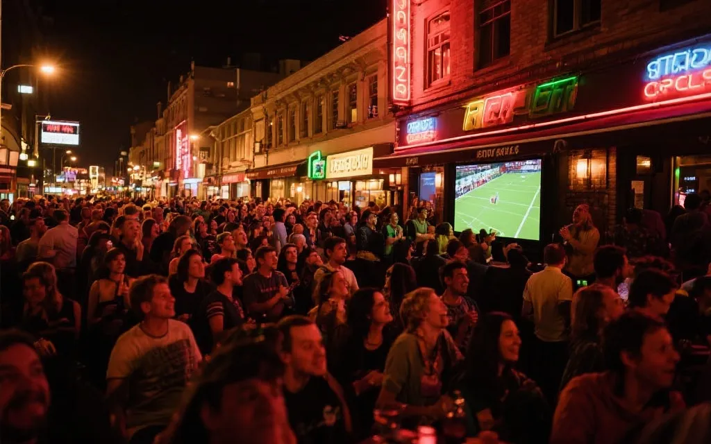 酒吧观赛人群与城市霓虹夜生活氛围