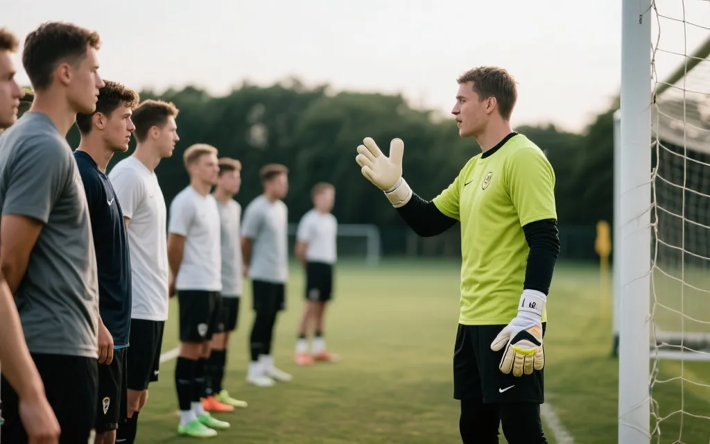 门将与后卫在训练中沟通站位，手势与口令指挥防线