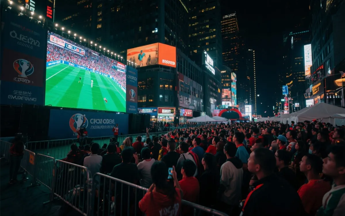 夜色中的城市球迷区，人群在大屏前观赛，远处有灯光与街景，纪实摄影风格