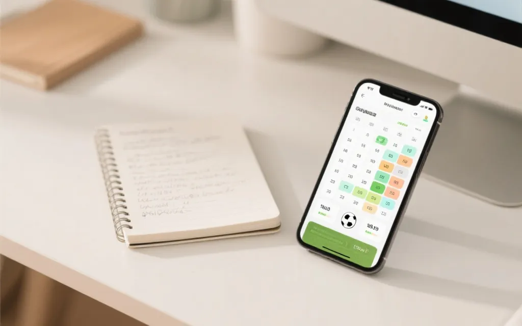 手机上显示赛程与数据面板，旁边放着笔记本记录观赛要点