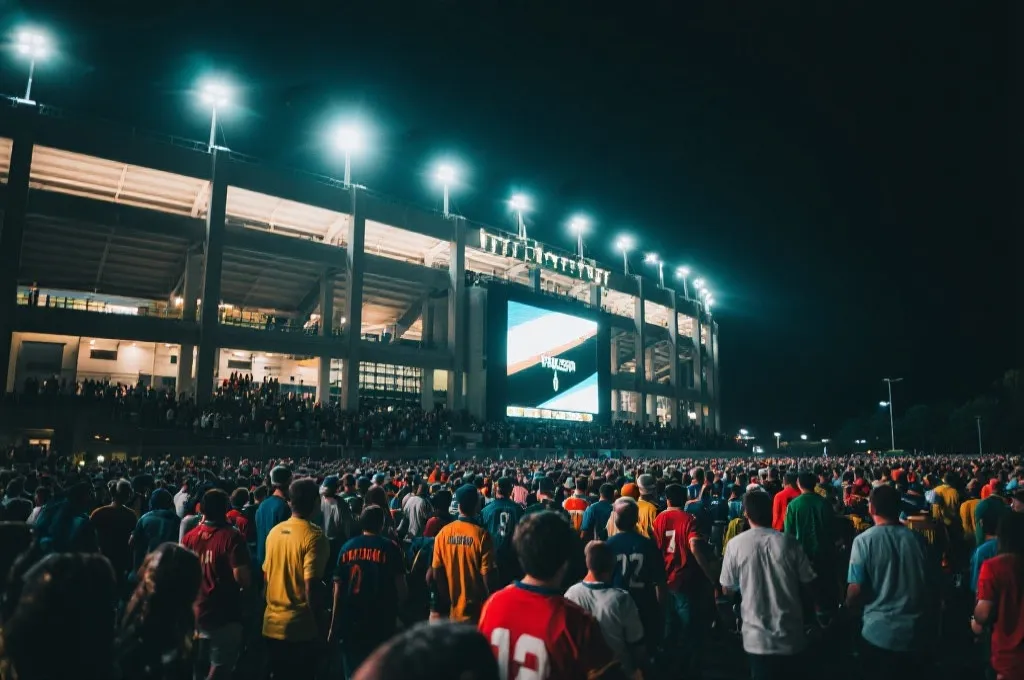 世界杯决赛夜晚球场外的人潮与灯光氛围，占位图